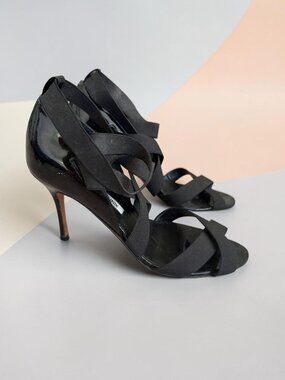 MANOLO BLAHNIK Black Strappy Leather Sandals Heels Size 37 / US 7